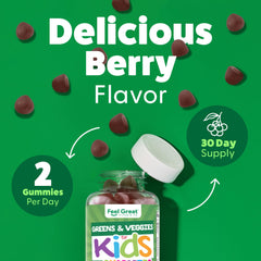 Feel Great Super Green Kids gummies burst with fruit and veggie flavors for daily snacks.