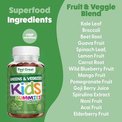 Feel Great Super Green for Kids ingredient list highlights a vibrant fruits and vegetables blend.