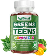 Feel Great Super Greens Gummies teen packaging showcasing vegan multivitamin feature.