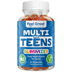 The Feel Great Teen Vitamins gummies in citrus-strawberry bottle showing tasty, vegetarian formula