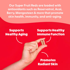 Feel Great Vitamins Superfruit Reds ingredients chart featuring acai, mangosteen, and pomegranate.