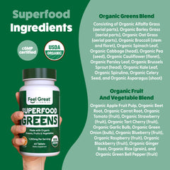 Close-up of Feel Great Vitamins Super Greens tablets showing compact greens blend.