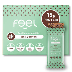 FEEL Mint Chocolate Chip bar close-up showing 15g plant protein for sustained energy