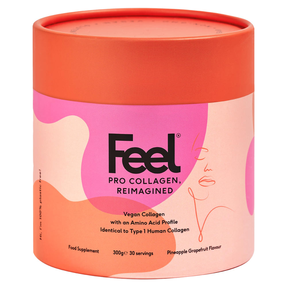 FEEL Pro Collagen Powder tub front with pineapple-grapefruit flavor for radiant skin
