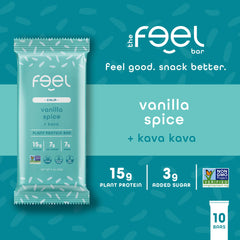 Close-up of FEEL Calm Kava bar showing chewy texture and plant protein promise.
