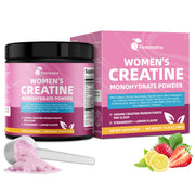 Femmetra Creatine Collagen for Women tub front, vibrant strawberry-lemon flavor for workouts