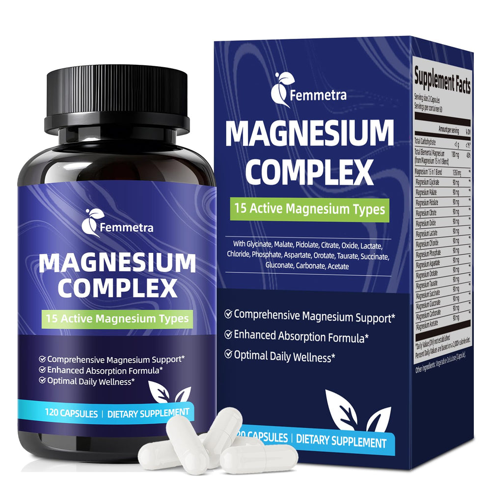 Femmetra Magnesium Complex bottle with vegan capsules for daily wellness and balance