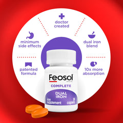 Feosol Complete caplet on table showing gentle digestion and comfort