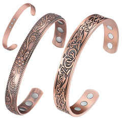 Feraco 11X magnetic copper bracelet open view with antique pattern and comfortable fit