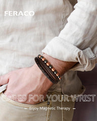 Feraco braided leather wrap bracelet detail highlights warm tones and durability