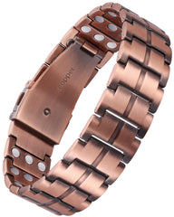 Feraco copper bracelet close-up shows 57 magnets with 3800 Gauss for design and potential energy balance