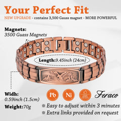 Feraco copper bracelet close-up shows eagle pattern and textured copper for premium appeal.