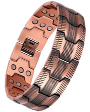 Feraco copper bracelet on wrist with Tyre-Carved pattern for everyday style.