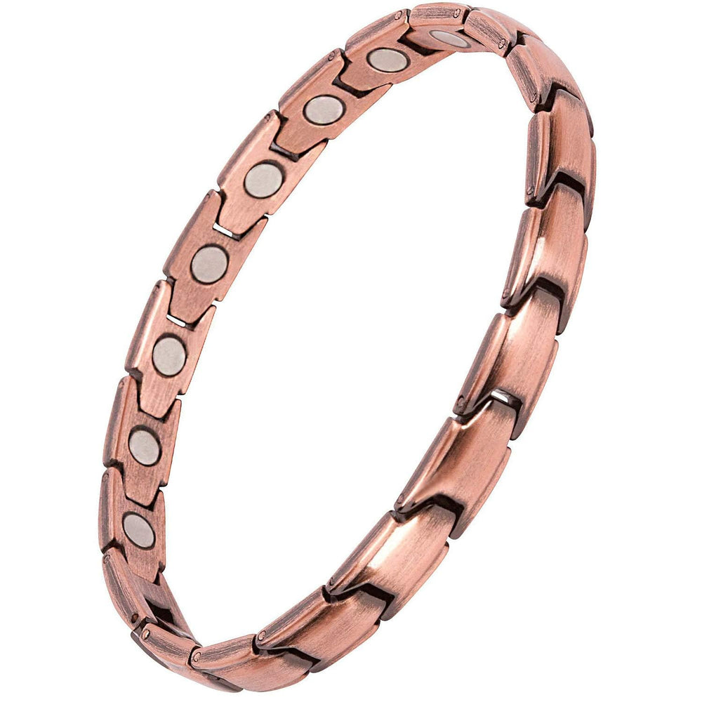 Feraco copper bracelet for women close-up shows hypoallergenic purity for daily wear.