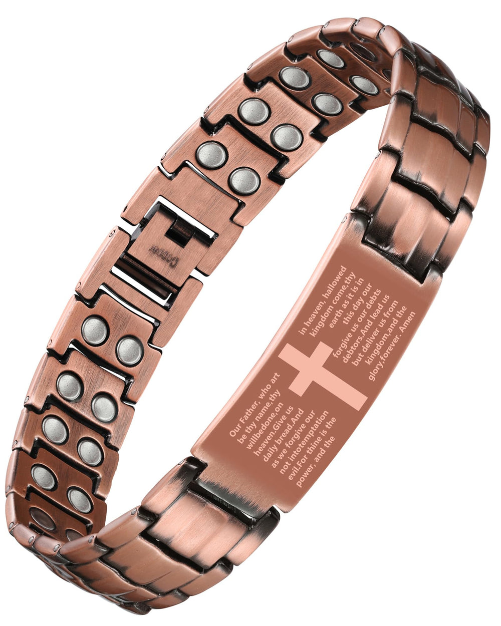 Feraco copper cross bracelet front view with magnetic design for daily wear.