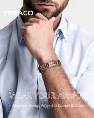 Feraco copper cross bracelet side view shows slim profile for all-day comfort.