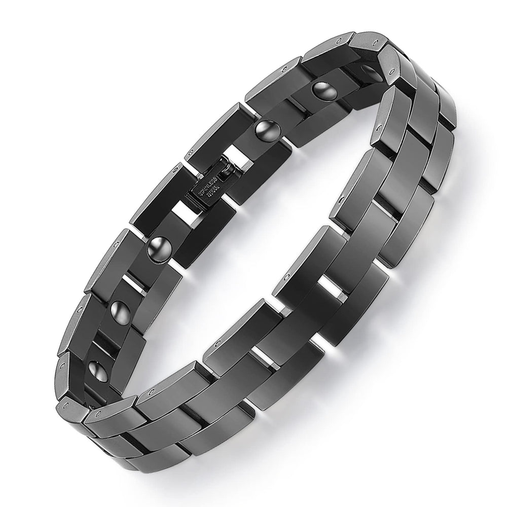 Feraco magnetic bracelet for men in black, front view showing a sleek titanium finish for daily wear.