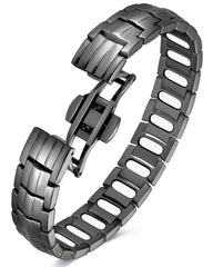 Feraco magnetic therapy bracelet for men in gray, close-up shows magnet-rich design for potential calm