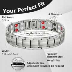Feraco magnetic bracelet in titanium steel with a classic silver finish and secure clasp.