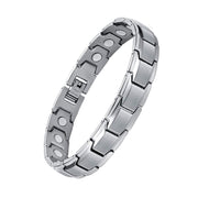 Feraco mens magnetic bracelet close-up with titanium-steel finish and embedded magnets near the wrist