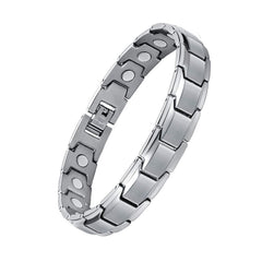 Feraco mens magnetic bracelet close-up with titanium-steel finish and embedded magnets near the wrist