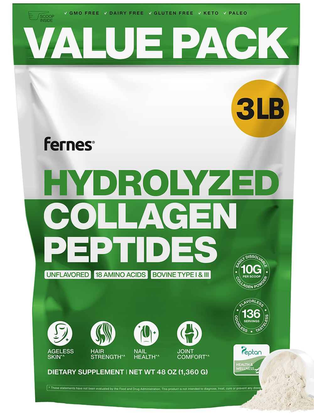 Fernes hydrolyzed collagen tub front view for daily joint and skin support.