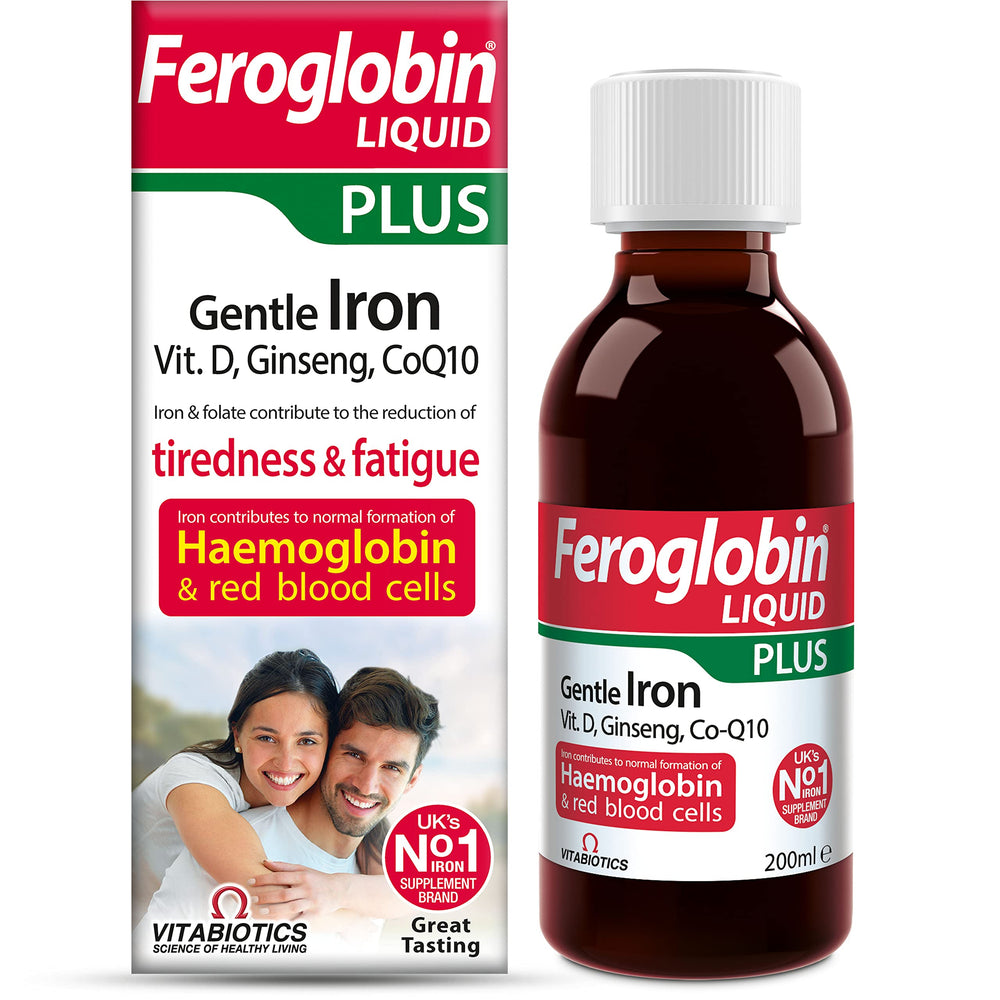 Feroglobin Plus Liquid bottle close-up; daily energy support with a rich iron formula