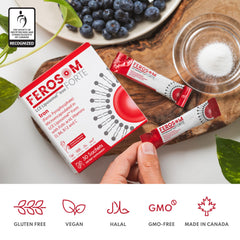 Berry flavored iron drink ready after mixing Ferosom Forte LCE powder in a glass