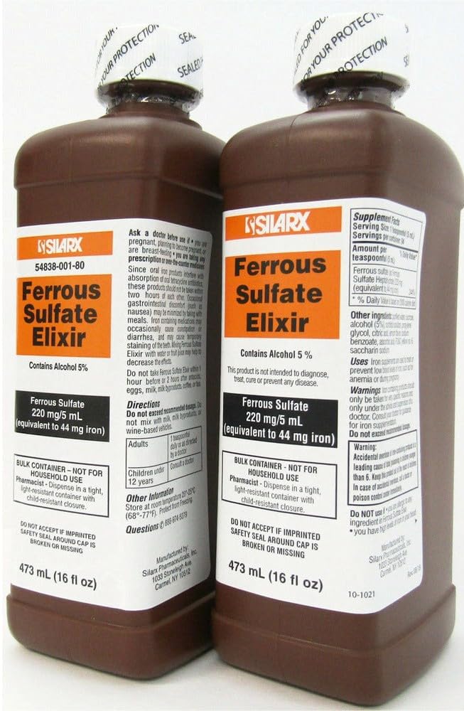 Ferrous Sulfate Elixir bottle pour facilitates precise daily dosing.
