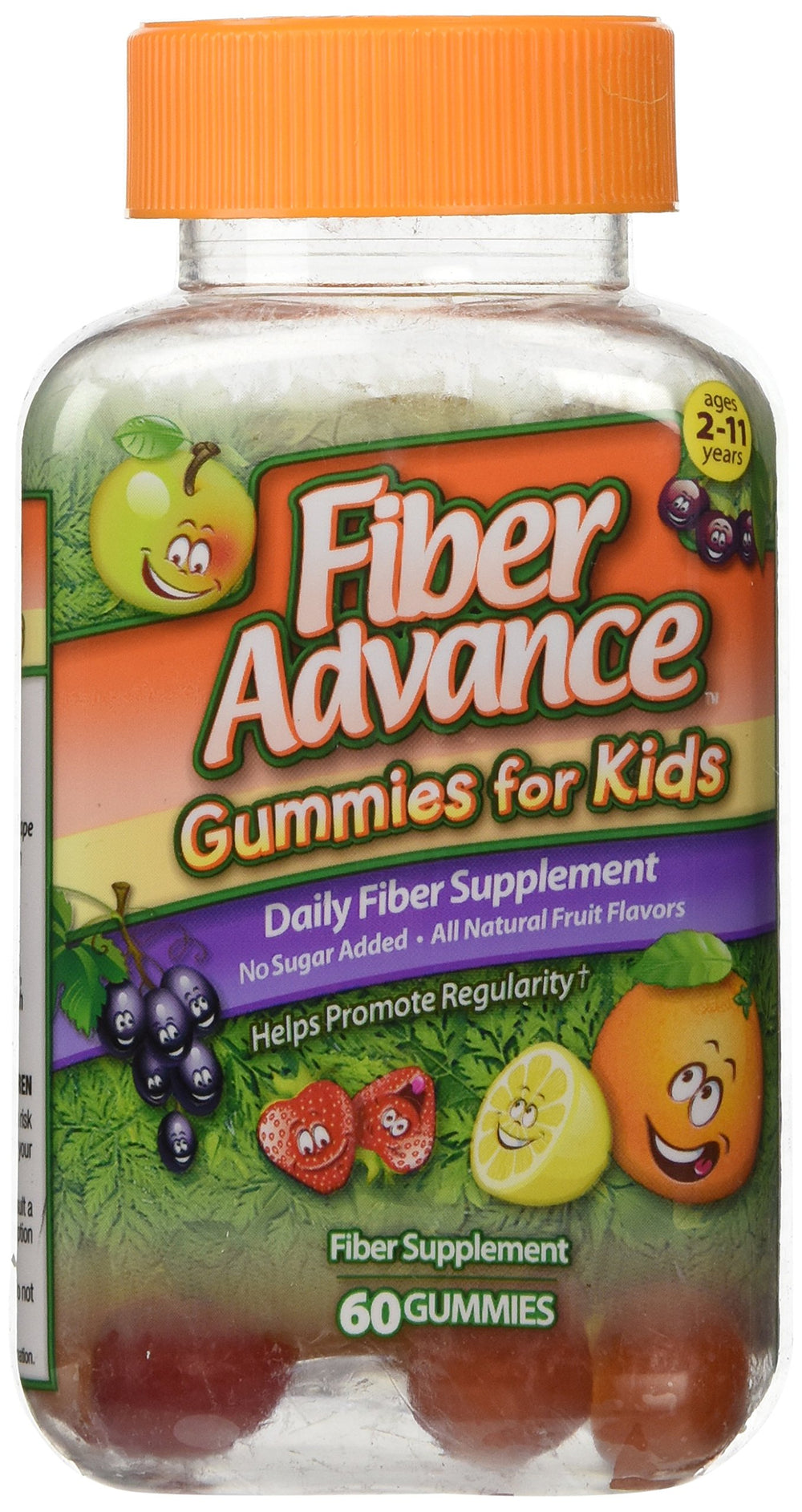 Fiber Advance Kids Gummies bottle displaying fruity flavor and fiber support.