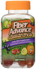 Fiber Advance Kids Gummies bottle displaying fruity flavor and fiber support.
