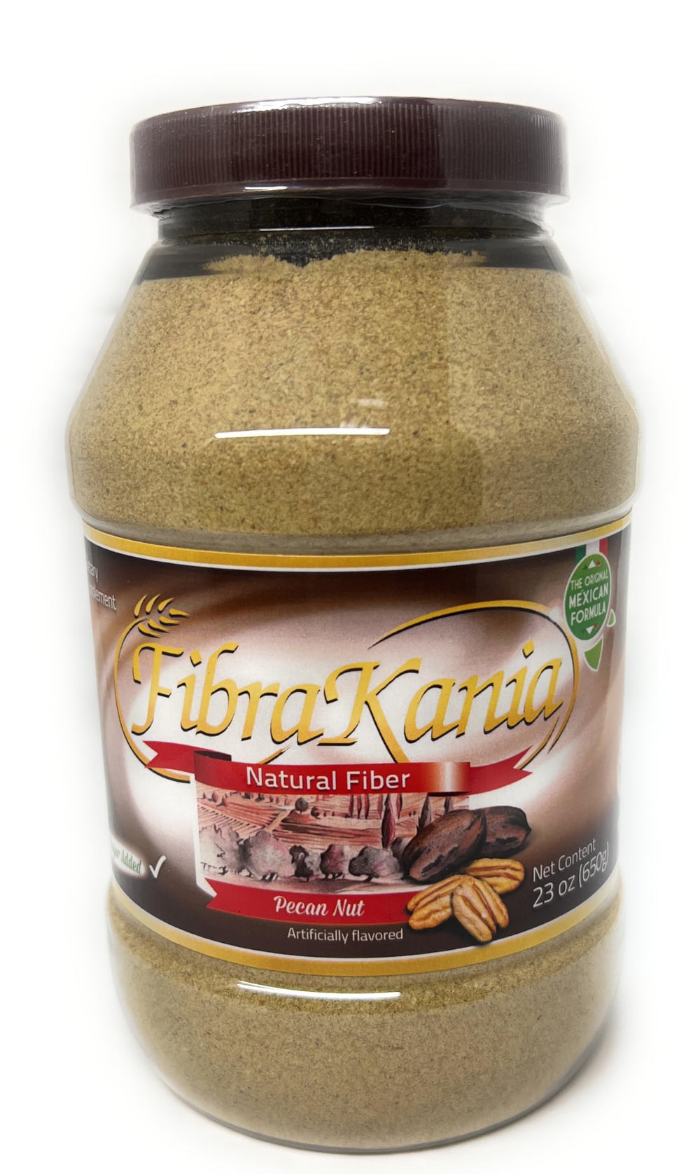 Fibra Kania pecan powder bottle for daily fiber support and digestion.