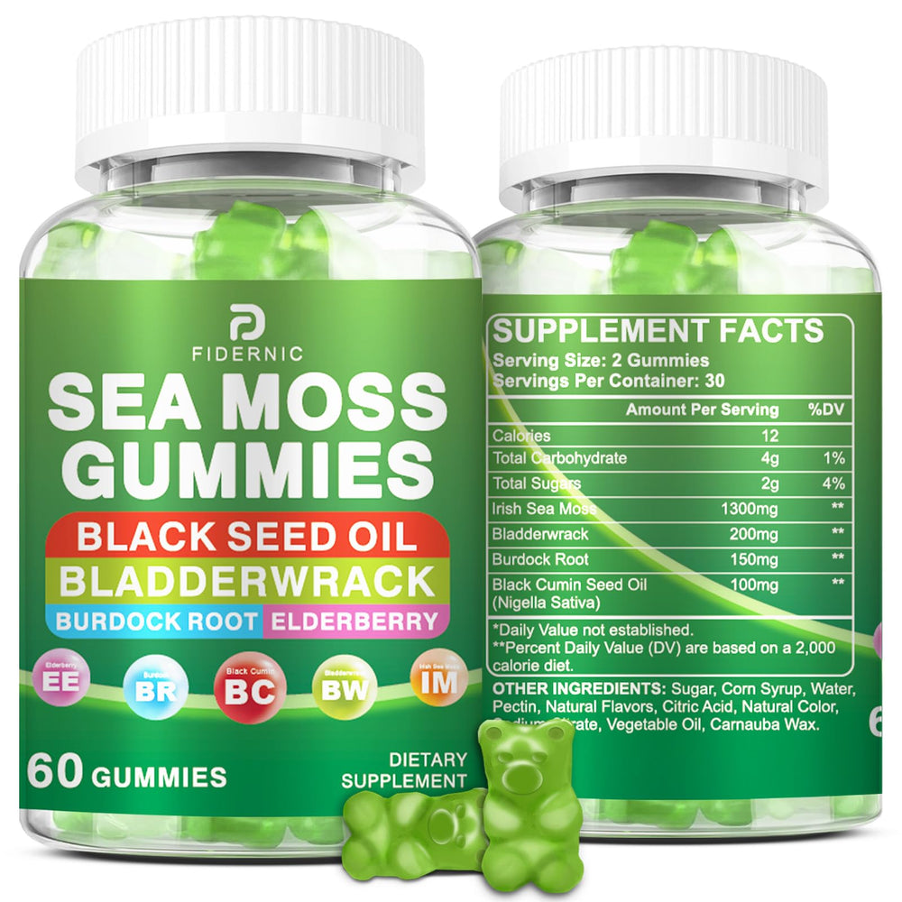 FIDERNIC Sea Moss Gummies bottle closeup highlighting natural calcium support.