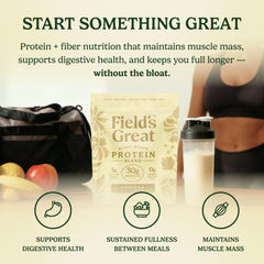 Field's Great vanilla protein blender-mixed shake, smooth and satisfying.