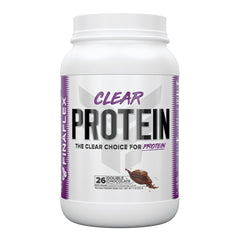 FINAFLEX Clear Protein Double Chocolate powder in scoop highlights a high-protein, low-carb option.