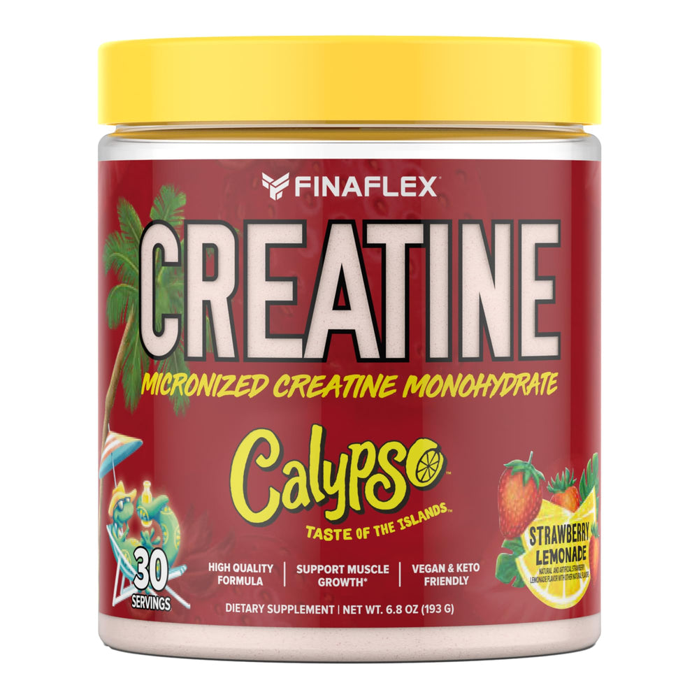 FINAFLEX Pure Creatine + Calypso strawberry lemonade bottle supports workouts with tropical flavor.