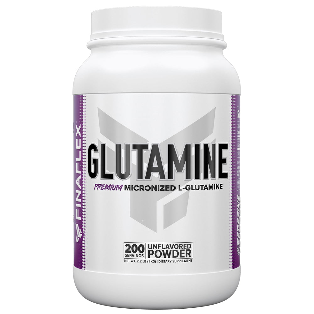 FINAFLEX Pure L-Glutamine bottle on a workout bench for post-workout recovery