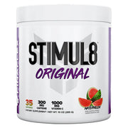 FINAFLEX STIMUL8 Watermelon tub on a table, ready to fuel your workout with clean energy.