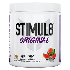 FINAFLEX STIMUL8 Watermelon tub on a table, ready to fuel your workout with clean energy.