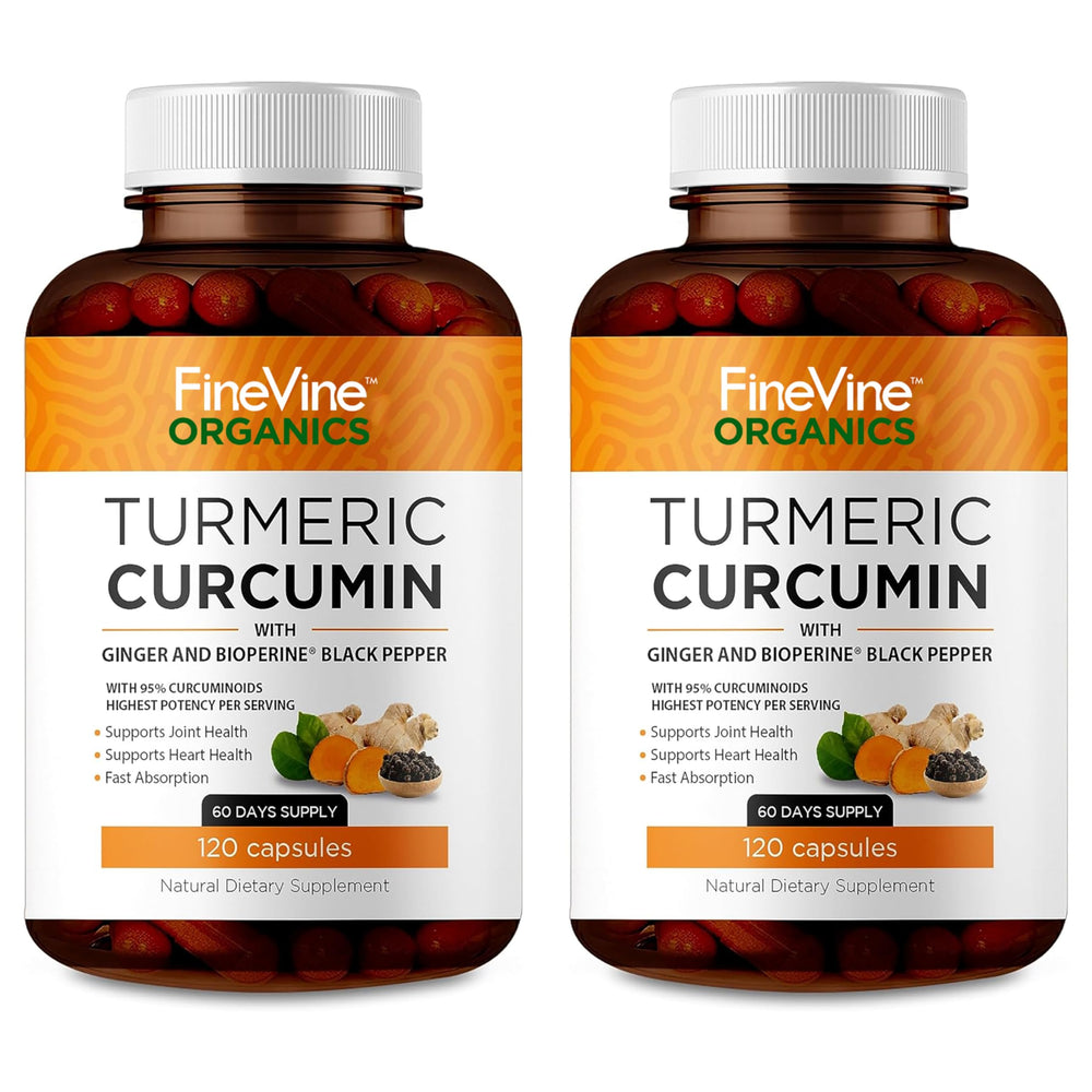 FineVine Organics Turmeric Curcumin bottle pour supports daily joint comfort