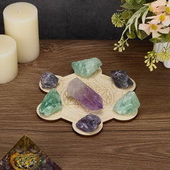 FINGERINSPIRE crystal grid display on wood plate supports calming rituals and mindfulness practice