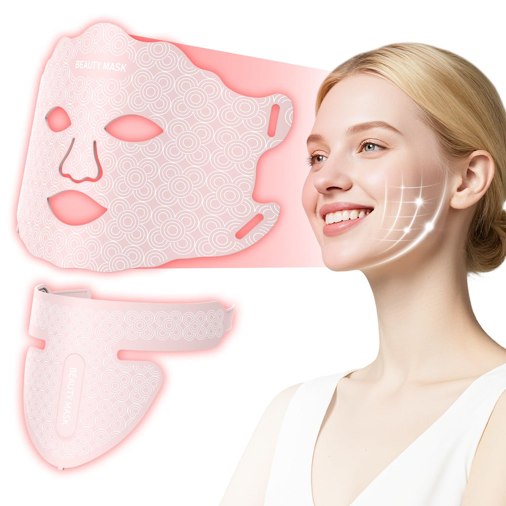 Fiogeo LED mask front view showing seven color options for customizable skin care