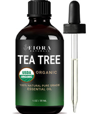 Fiora Naturals Tea Tree Oil bottle showing pure organic formula for versatile skincare