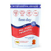FIRST DAY 3-in-1 probiotics for men bottle pouring supports balanced digestion and energy.