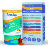 First Day Kids multivitamin strawberry gummy bottle for daily nutrition.
