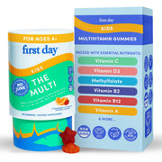 First Day Kids multivitamin strawberry gummy bottle for daily nutrition.