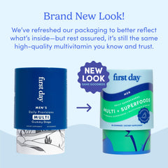 First Day men's multivitamin bottle back lists key vitamins for daily wellness