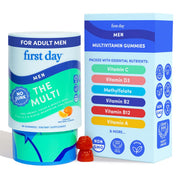 First Day men's multivitamin bottle front showing organic fruit blend for daily energy
