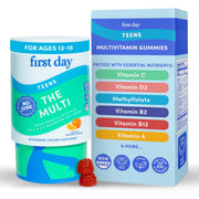 First Day Teen Vitamins bottle with gummies supports daily energy for teens.