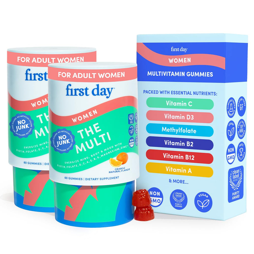 First Day women's multivitamin bottle pouring for daily energy.